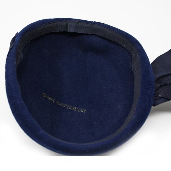 Vintage 1950s Navy Blue Felt Velour Hat w Wide Grosgrain Ribbon Bow - Hey Viv - Picture 6 of 8